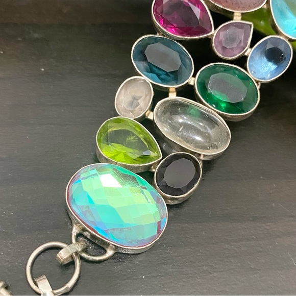 Stunning Multicolored Gemstones Crystals Mixed Cabochon Wide Bracelet 55.1g - Picture 8 of 16